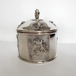 Vintage Silver Plated Jewellery Trinket Box Red Velvet Lining Roses Finial Lid